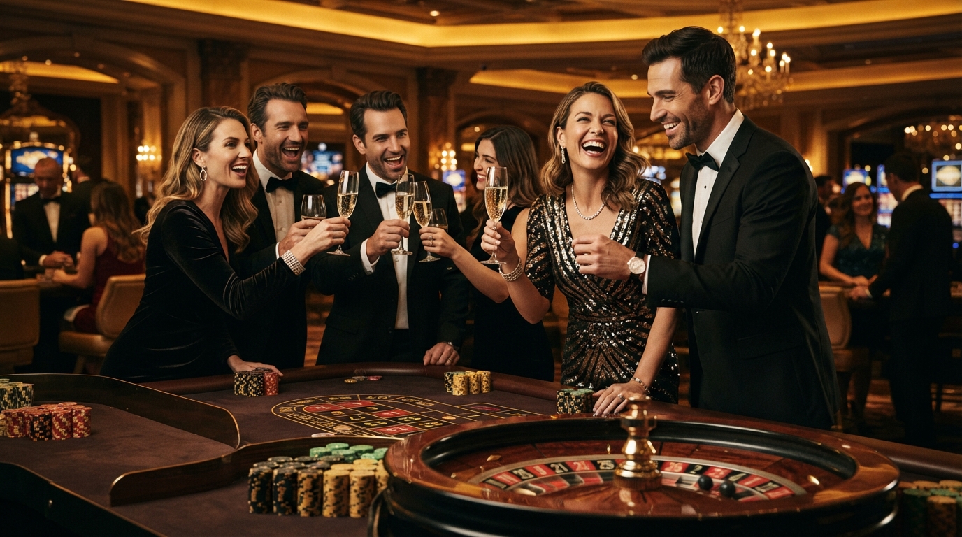 Bedste casino for rigtige penge uden om ROFUS — Elegante mænd og kvinder fejrer en sejr ved et roulettebord, champagneglas i hån