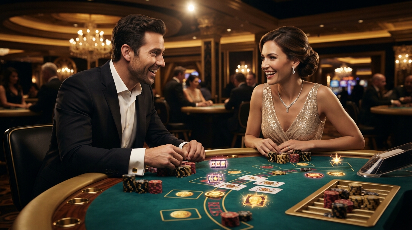 Bedste casino for rigtige penge uden om ROFUS — Et par deler et forventningsfuldt blik over et kortbord med høje jetoner og et u