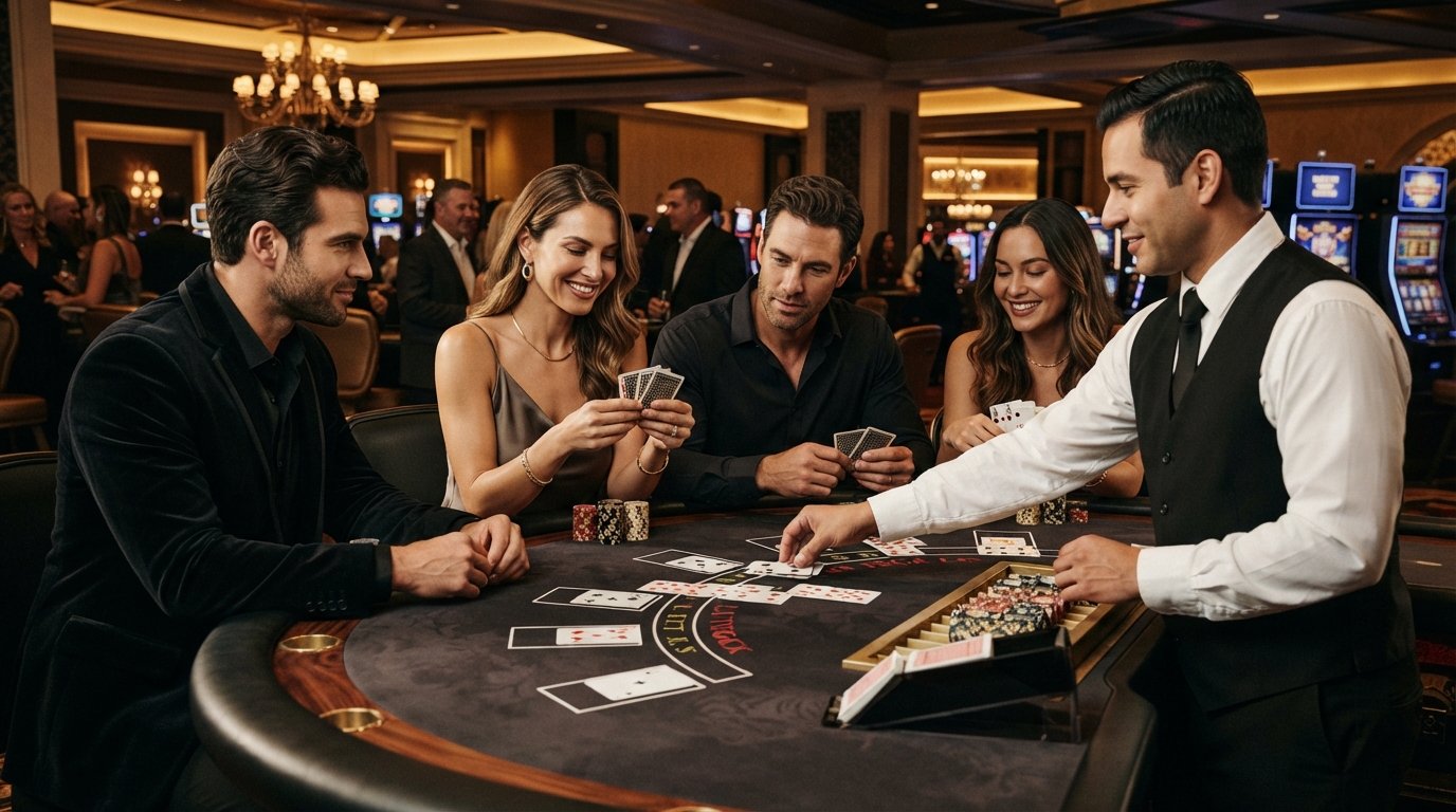 Bedste casino for rigtige penge uden om ROFUS — En gruppe afslappede, sofistikerede spillere nyder atmosfæren ved et casino-bord