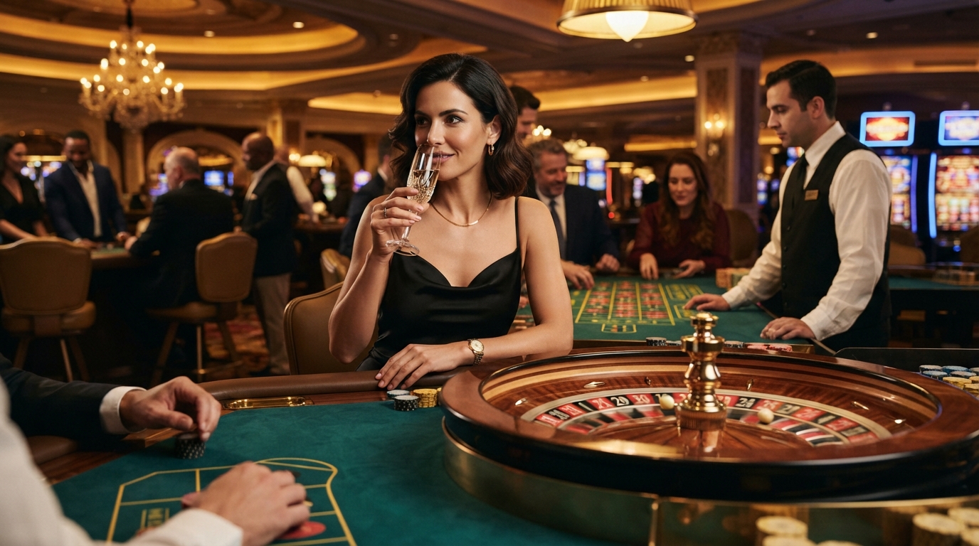 Bedste online casino for danske spillere — En elegant kvinde nipper til champagne ved et roulettebord, hendes øjne spejder