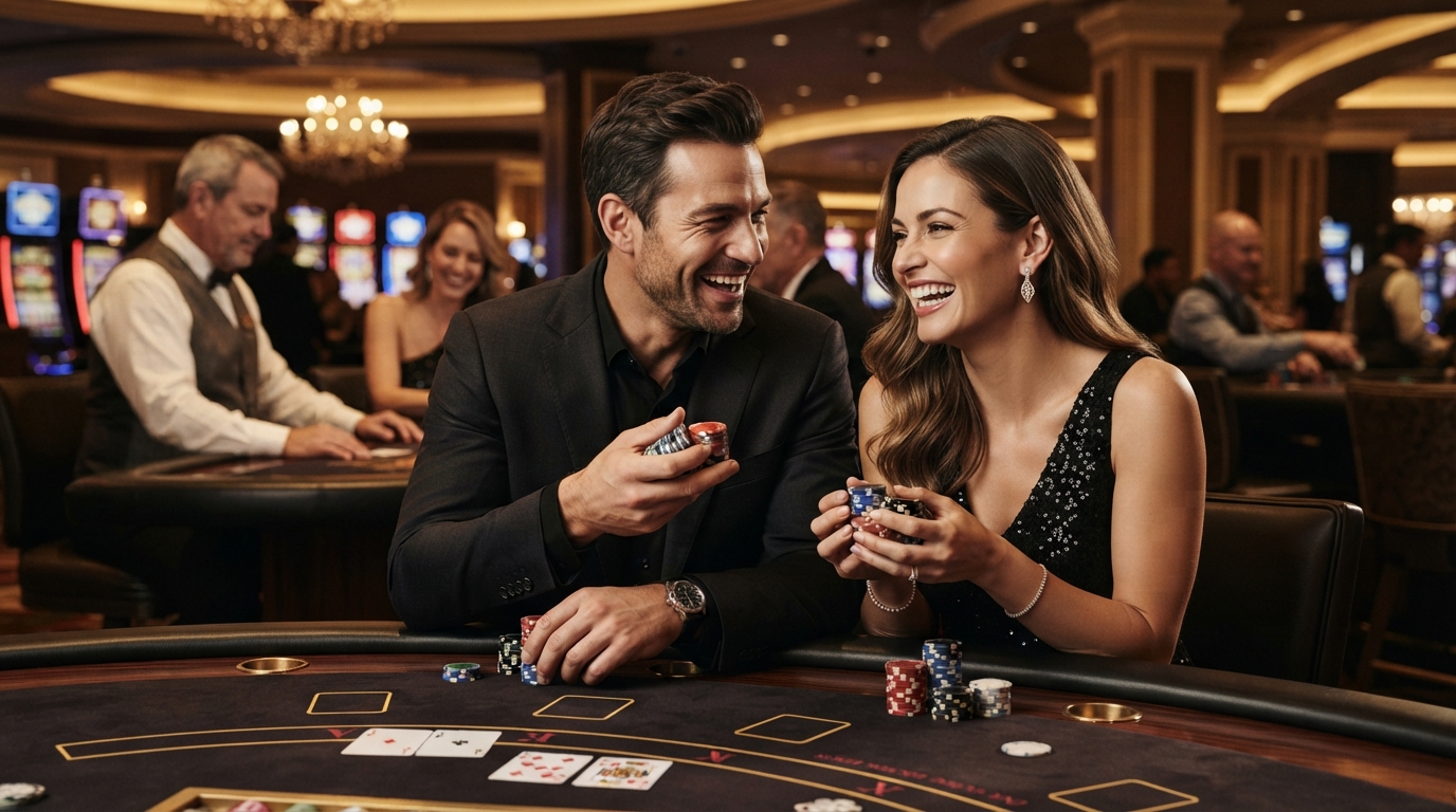 Bedste online casino for danske spillere — Et stilfuldt par griner taktfuldt, mens de holder jetoner ved et pokerbord, et ø