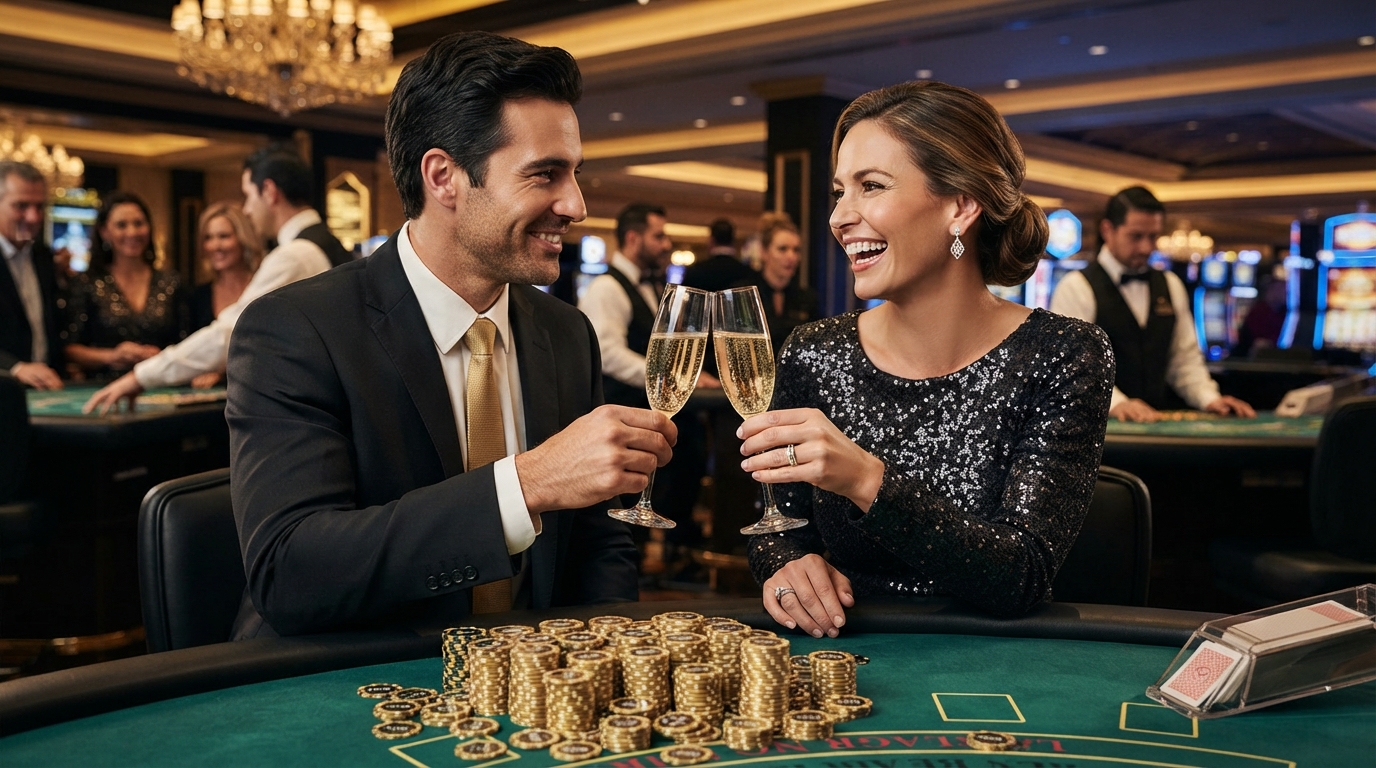 Vælg det bedste casino: En guide til danske spillere — Champagne toast clinks between a couple, golden chips shimmering under soft ligh