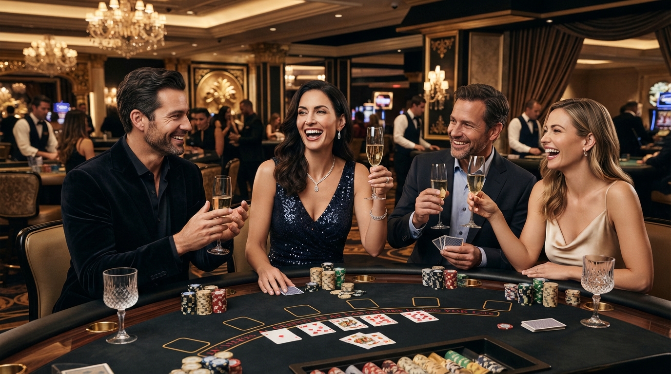 Vælg det bedste casino: En guide til danske spillere — Sophisticated friends share a triumphant smile over a game of cards, luxury in t