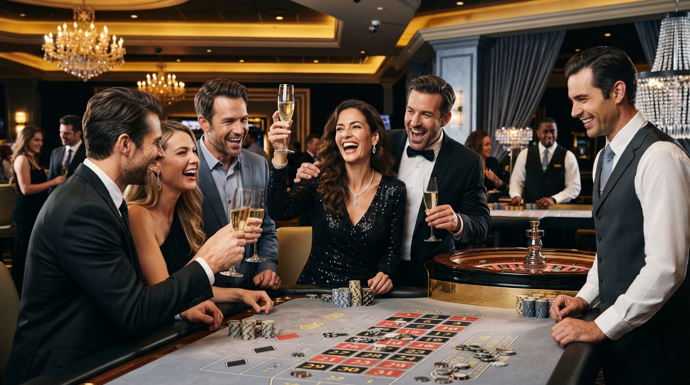 Online poker og casino spil for spillere — Elegante spillere fejrer en sejr ved et roulettebord, et glas champagne i hånden