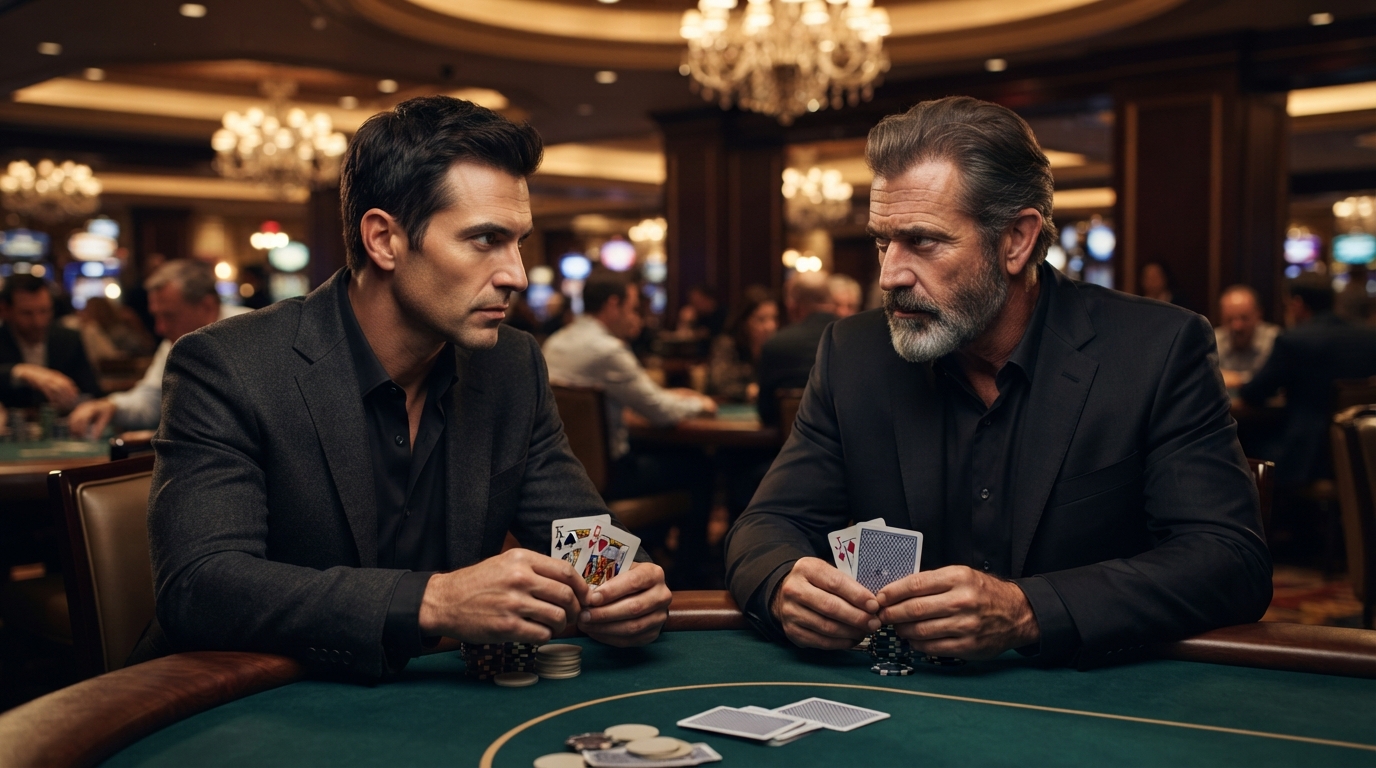 Online poker og casino spil for spillere — Et intenst pokerøje møder et andet over et kortspil, champagneguldet reflekteres