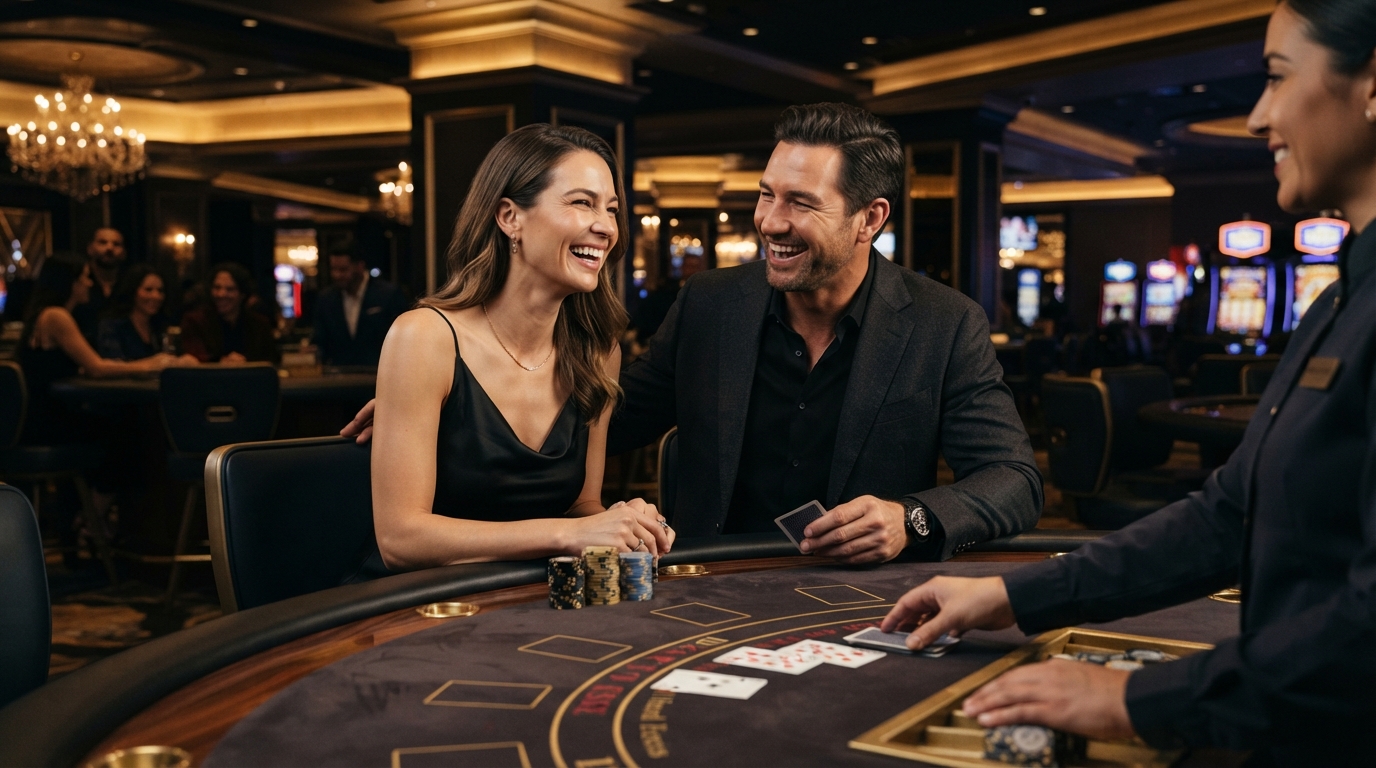 Online poker og casino spil for spillere — Et par deler et smil og et gyldent øjeblik ved en blackjack-terminal, diskret lu